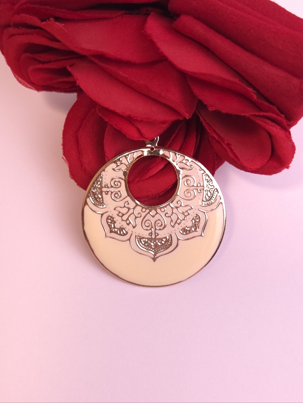Vintage Style Gold & Cream Floral Mandala Design Pendant or Charm Jewelry Making